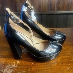 Black Patent Platform Pumps Ankle Strap Block Heel Jenn Ardor CL2307016-BK 9.5